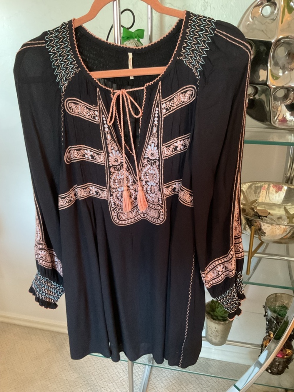 Free People Black Boho Embroidered Peasant Tunic with Pink Detailing . Oversized